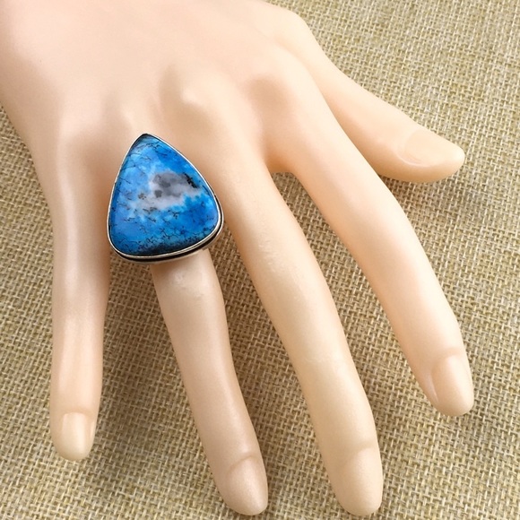 New Blue Dendritic Dendrite Opal Stone Silver Overlay Ring 8 - Picture 6 of 8